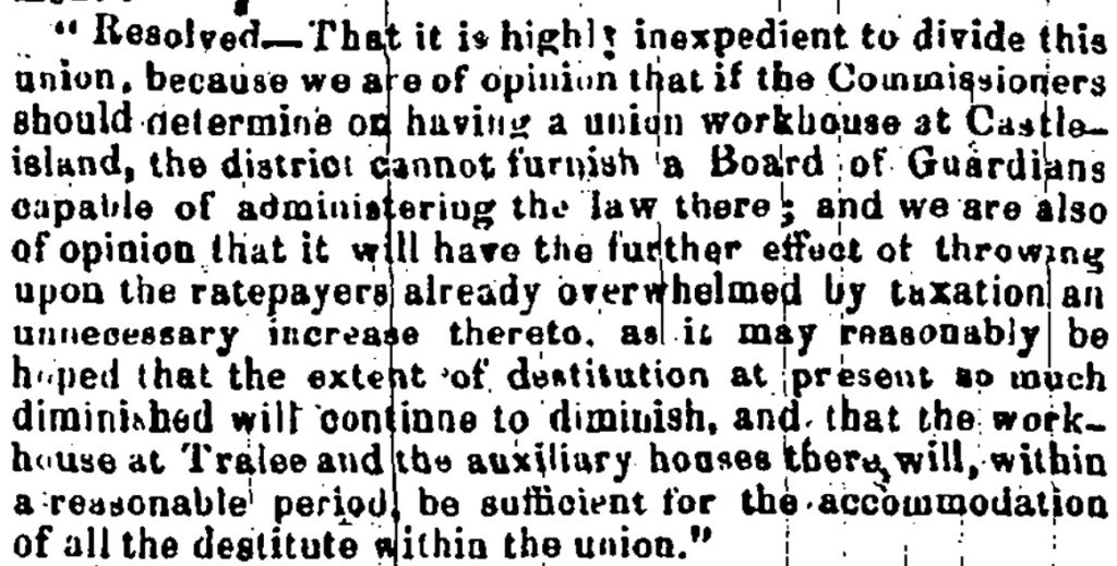 Tralee Union resolution 1852 no workhouse