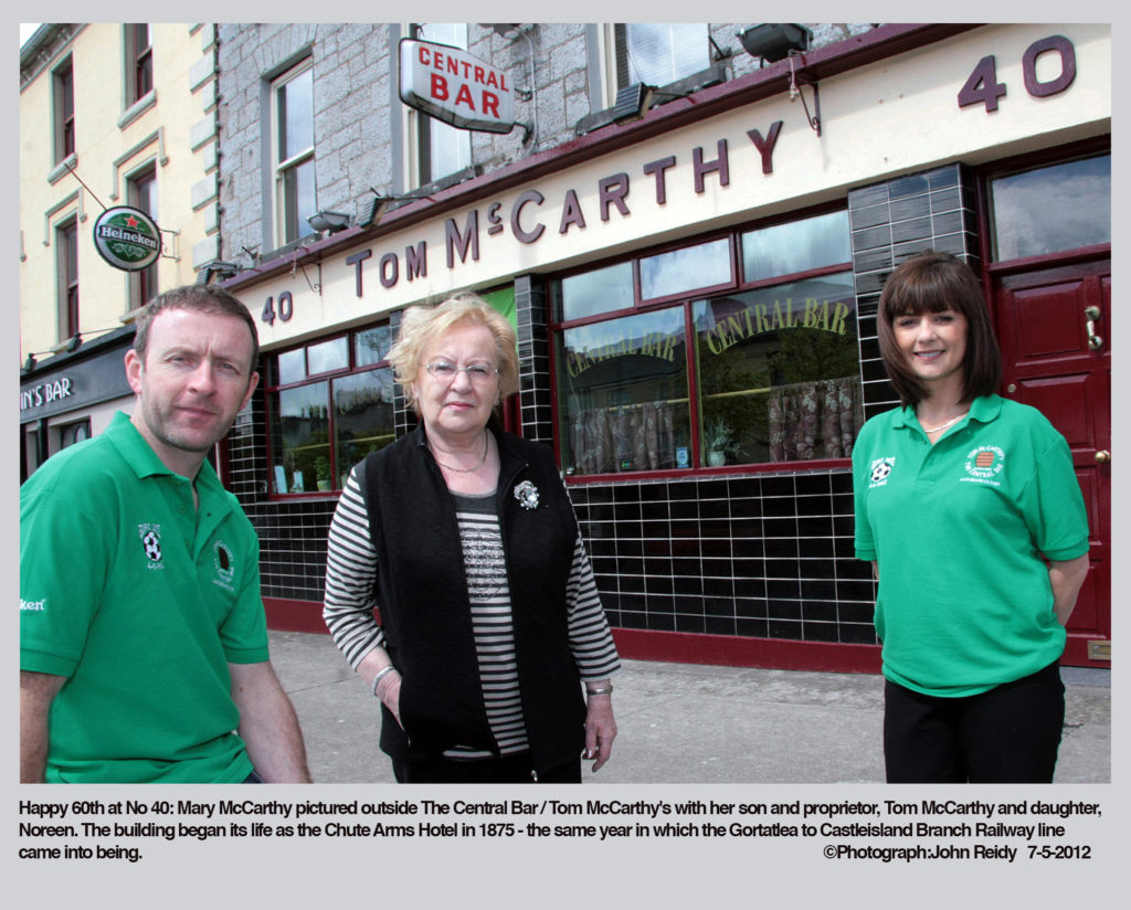 Happy 60th at No 40: Mary McCarthy pictured outside The Central Bar / Tom McCarthy's with her son and proprietor, Tom McCarthy and daughter, Noreen. Photo by John Reidy 7-5-2012