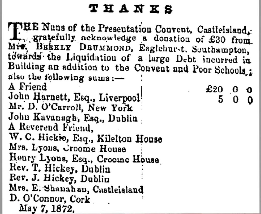 3 School building for the poor in 1872 £30 from Mrs Berkly Drummond