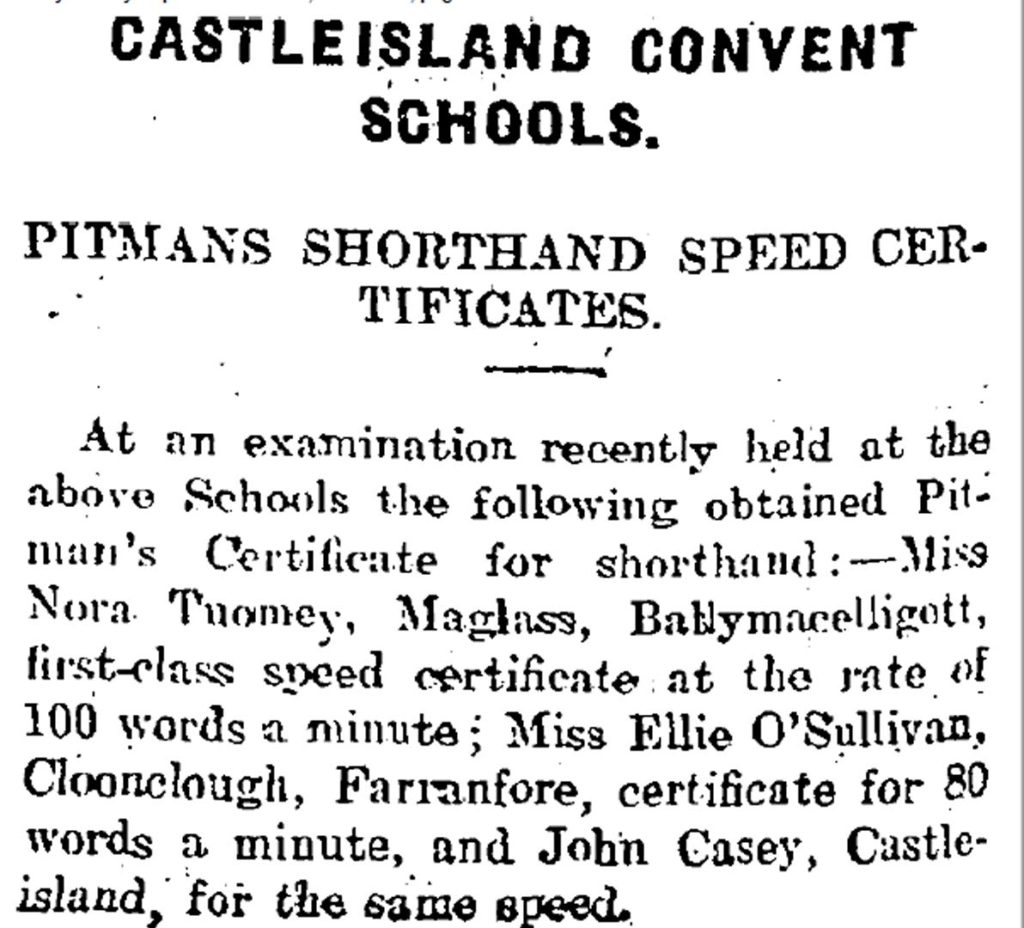 6 80 wpm shorthand speed for John Casey of Castleisland in 1910